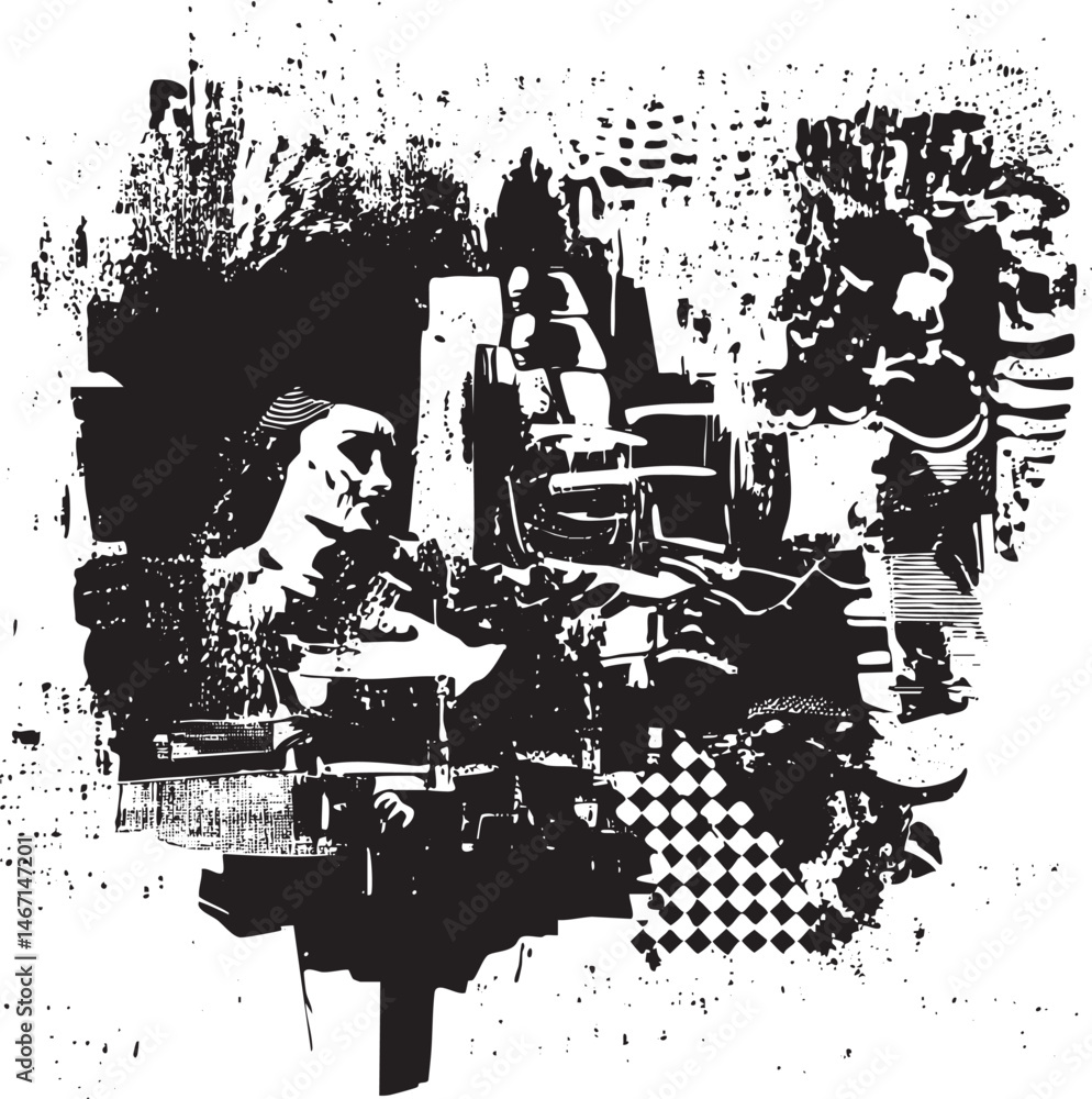 Poster a solitary figure contemplates a checkered surface within a textured abstract setting.