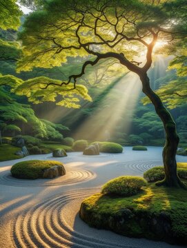 A tranquil Japanese Zen garden features raked gravel in intricate circular patterns around moss-covered rocks. Sunlight filters through a gracefully curved tree, casting gentle shadows, evoking peace.