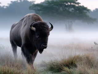 Majestic bison in misty morning light