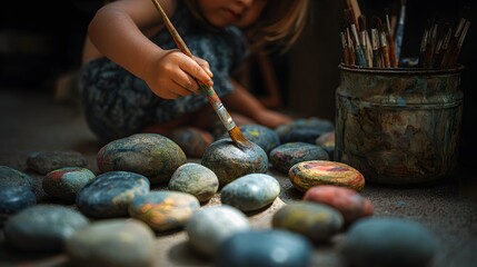 Child painting rocks with a brush, artistic endeavor, childhood creativity and fun.