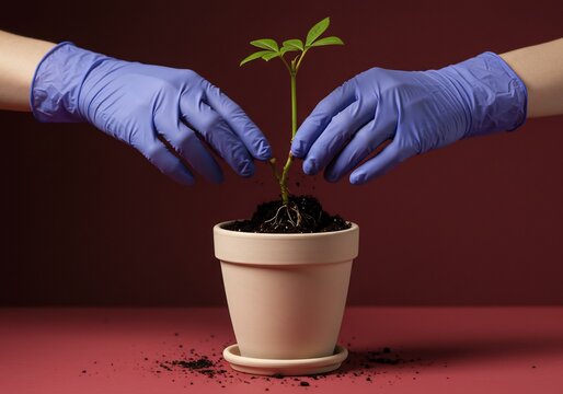 Mains gant&eacute;es plantant jeune pousse pot terre cuite fond rouge &eacute;clairage doux