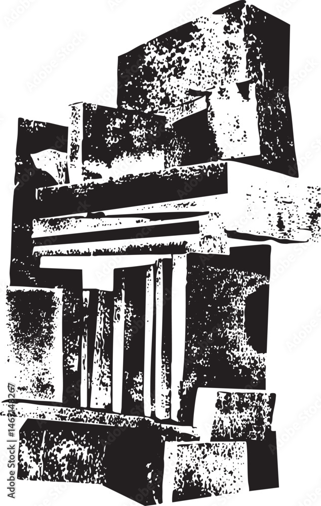 Poster abstract geometric structures rise vertically against a textured background.