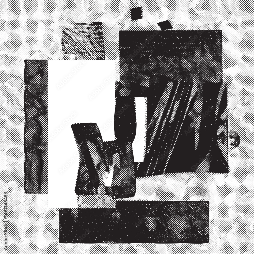 Poster abstract geometric shapes overlap and intersect on a grayscale background.