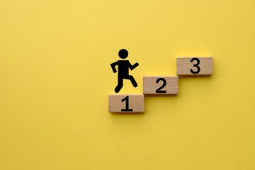 Person Walking Up Steps with Numbers 1, 2, 3 on Yellow Background, Ideal for Personal Growth,Goal Achievement,Progress, Success,Motivational Concept.