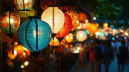 Obraz premium Japanese Street Market Glowing with Vibrant Paper Lanterns