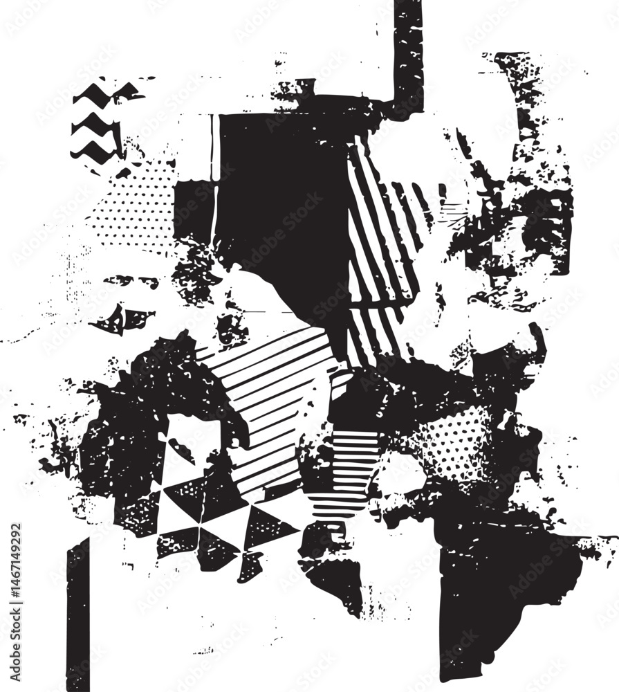 Poster fragmented geometric shapes create a dynamic textured composition.