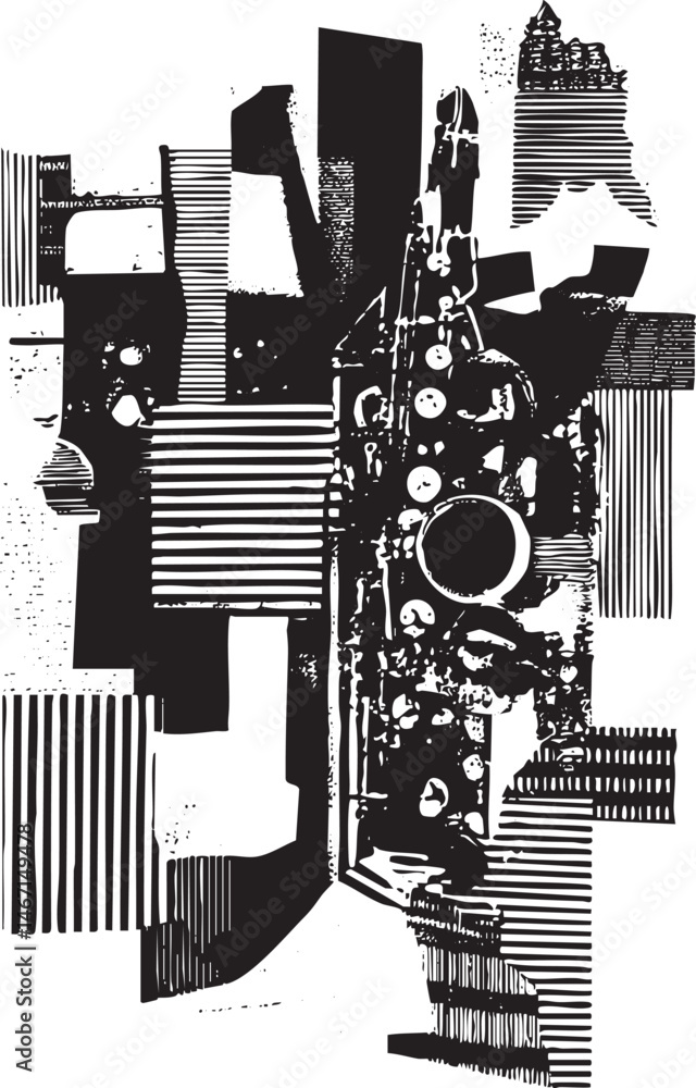 Aufkleber a monochrome abstract composition features layered geometric shapes and textured elements.