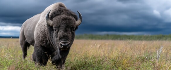 Fototapeta premium Majestic Bison in a Field Under a Stormy Sky