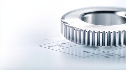 Technical blueprint showcases metal gear, cogwheel, and machine part in steel emphasizing engineering, manufacturing, and industry precision designs.