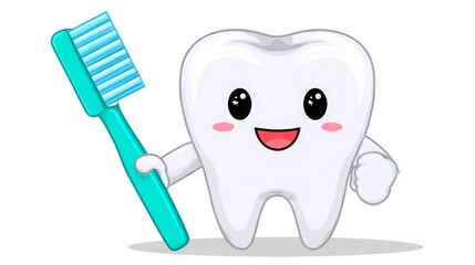 Cute Cartoon Tooth Character Holding a Bright Toothbrush with Smile