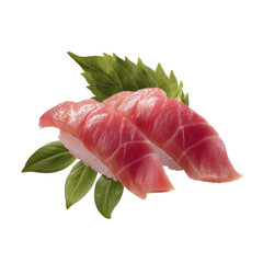 Two Pieces of Fresh Tuna Nigiri Sushi Garnished with Green Leaves