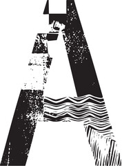 A bold fragmented letter 'A' dominates a textured white background.