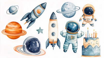 Cute watercolor space birthday set with rockets, astronauts, planets, stars, and cake in soft blue tones, perfect for boys' party decor. Generative AI