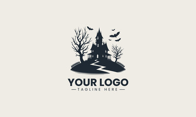 Obraz premium Silhouette of spooky haunted house on a hill with flying bats and leafless trees vector logo illustration