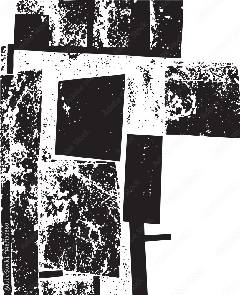 Poster geometric shapes overlap and intersect in a stark black and white composition.