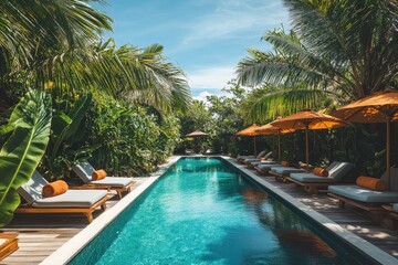 Fototapeta premium Lounge chairs line a pool in lush tropical greenery, clear blue sky above. Illustrates luxury travel, relaxation, vacation getaway, and tropical themes.