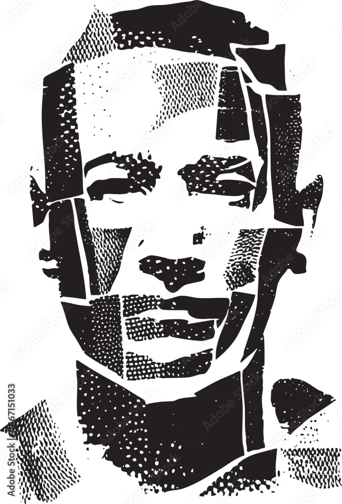 Poster a grayscale portrait reveals a fragmented face with sharp angles and textured lines.