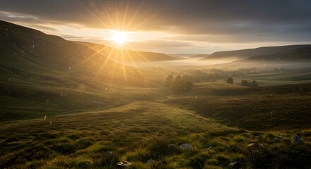 Lush Valley Radiating Golden Sunlight During Rainfall At Sunrise
