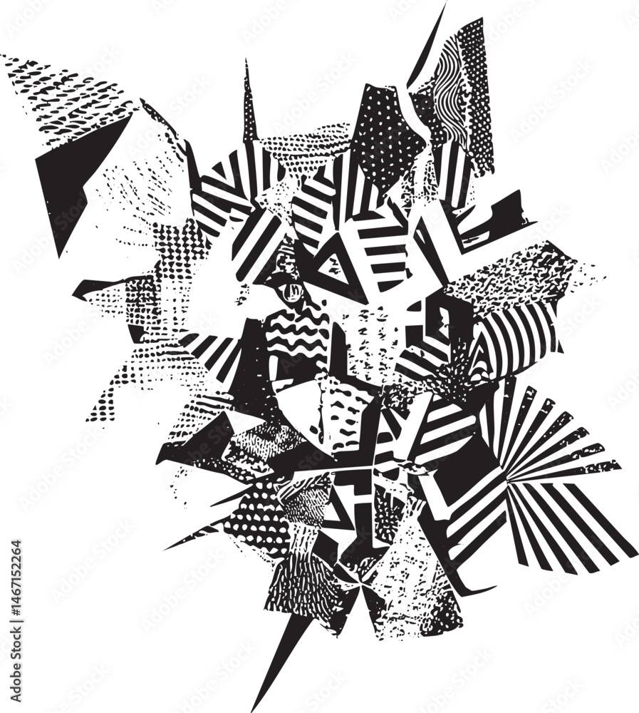 Poster a dynamic fragmented geometric composed of intersecting black and white shapes.