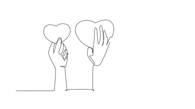 Self drawing animation of continuous one line drawing some hands holding heart symbol. Get some compliments. Socialize well. Symbol of interest. National Screenwriters Day. Full length animated