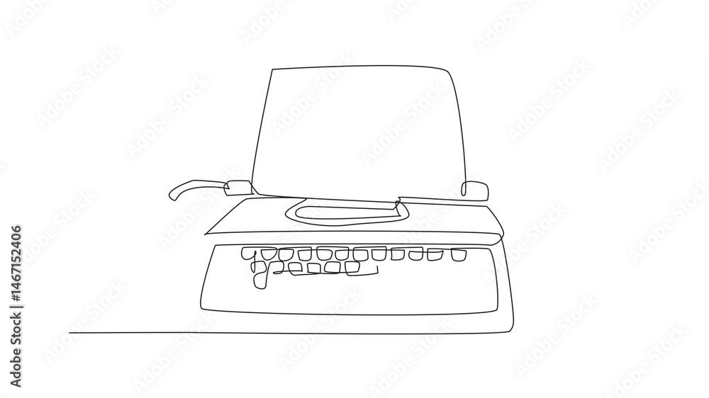 Poster animated self drawing of continuous one line drawing typewriter with paper inside. technology with a