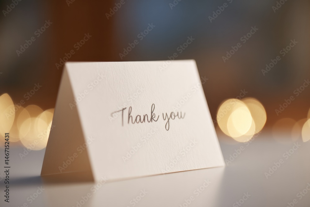 Poster minimalistic close-up of thank you note on clean desk surrounded by soft light with substantial copy