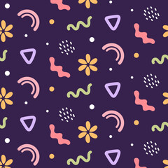 Seamless vector pattern in Memphis style with playful abstract shapes, squiggles, flowers, and geometric elements on a dark purple background. Ideal for textile prints, stationery, packaging
