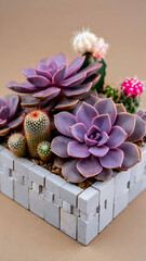 Botanical Elegance: A Succulent and Cactus Arrangement with Vibrant Colors and Textures
