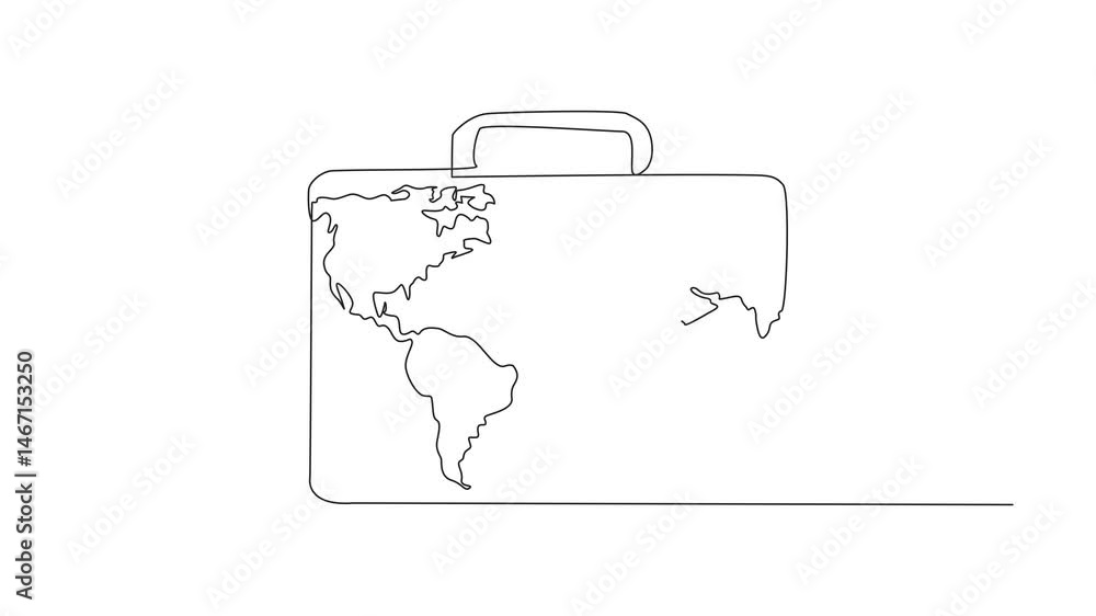 Poster self drawing animation of single continuous line drawing the briefcase with world map in the middle.