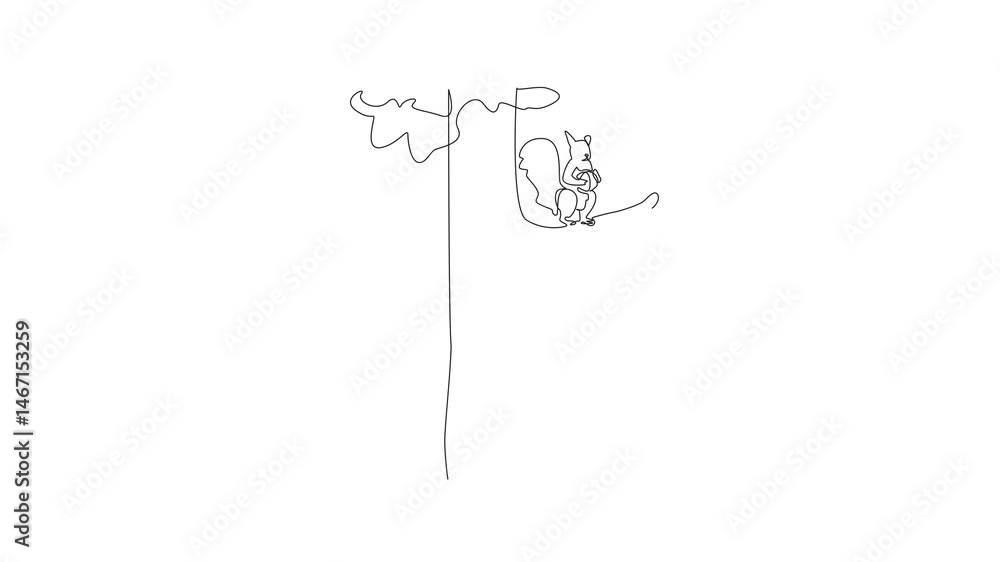 Poster animated self drawing of continuous one line drawing squirrel holding walnut on a felled tree trunk.