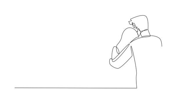 Self drawing animation of single continuous line drawing husband hugs his wife who is sitting. Providing comfort to beloved women. Hugging. Giving warmth. Love. National Hug Day. Full length animated - Powered by Adobe