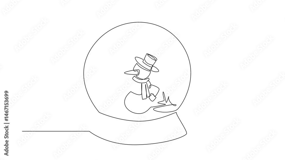 Poster animated self drawing of single continuous line drawing snowman is in the glass snow globe. sparklin