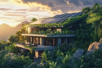 Modern sustainable home nestled in lush tropic landscape.