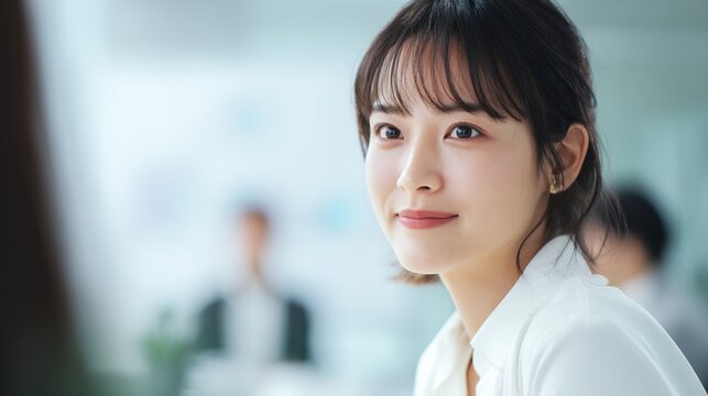 オフィスで穏やかに微笑む前髪が可愛い女性