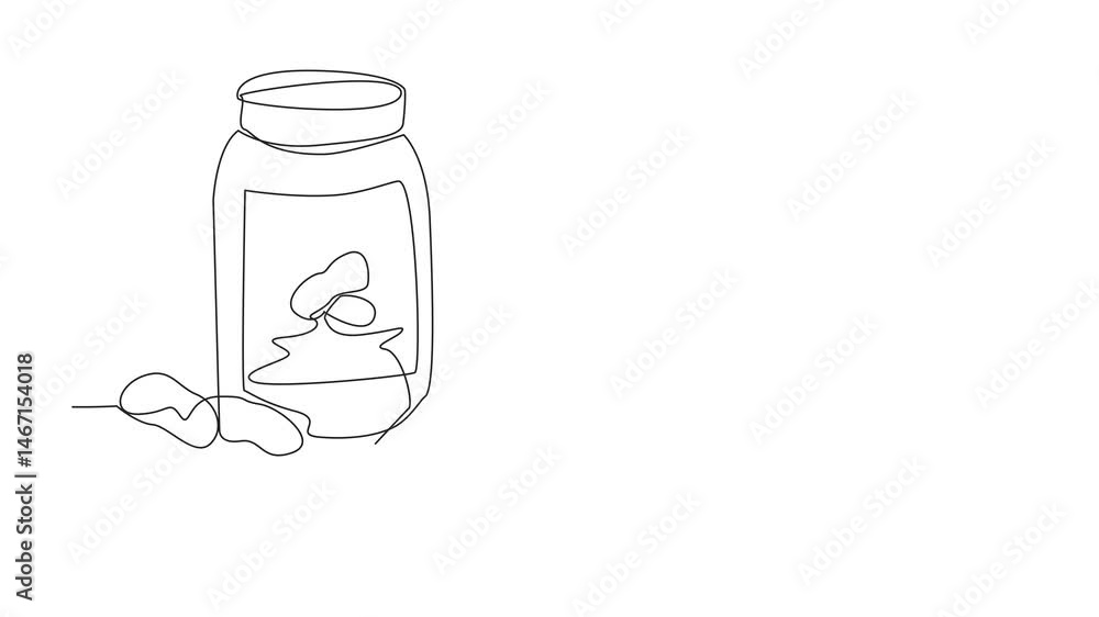 Poster animated self drawing of single continuous line drawing jar of peanut butter and bread smeared with 