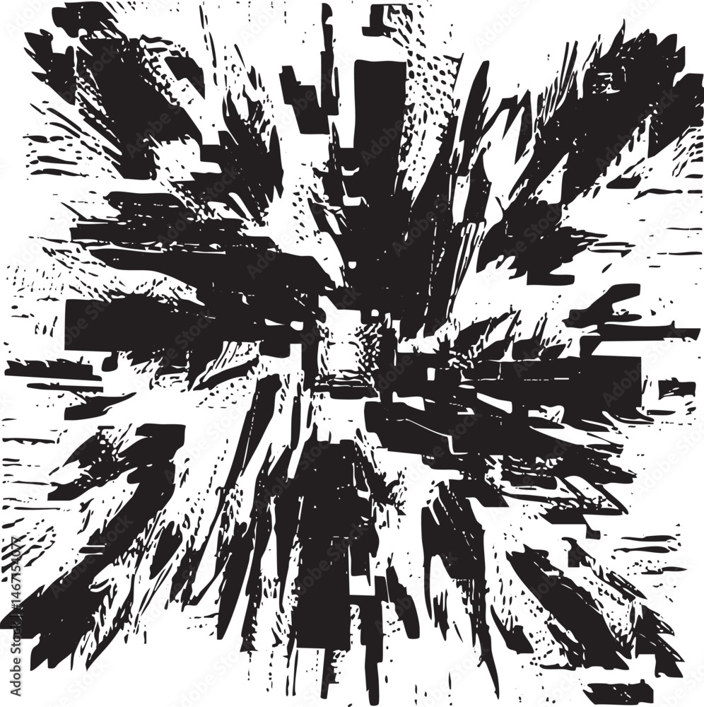 Poster a dynamic burst of black and white shards explodes outwards from a central point.