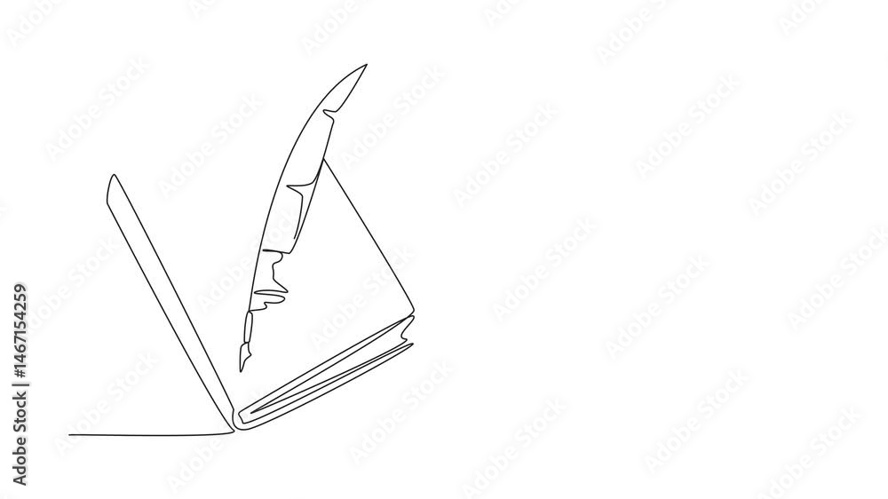 Poster self drawing animation of continuous one line drawing quill in the middle of a closed book. classic.