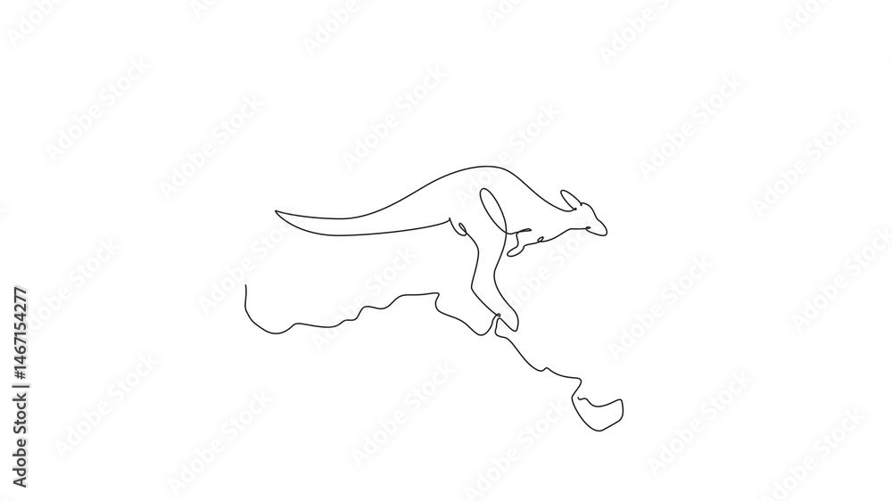 Poster animation of single continuous line drawing kangaroo in the middle of the map of the australian. a m