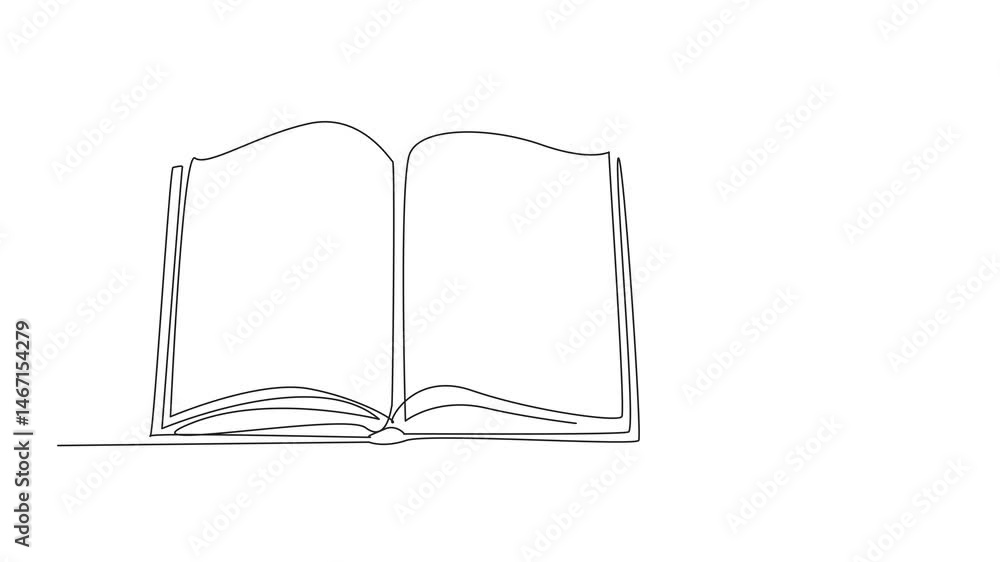 Poster animated self drawing of continuous line drawing open book and quill in inkwell. old school statione