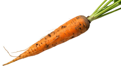 A freshly harvested carrot with its green top still attached, showcasing its vibrant orange color and earthy texture