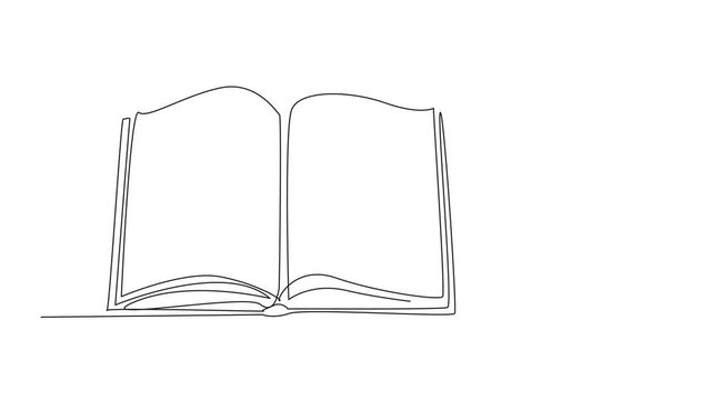 Animated self drawing of continuous line drawing open book and quill in inkwell. Old school stationery. Vintage. Making history. International Day of Education. Full length single line animation