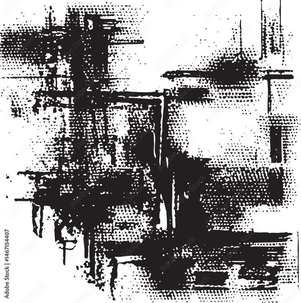 Poster a dark abstract depicts a weathered wooden building with multiple levels and visible supports.