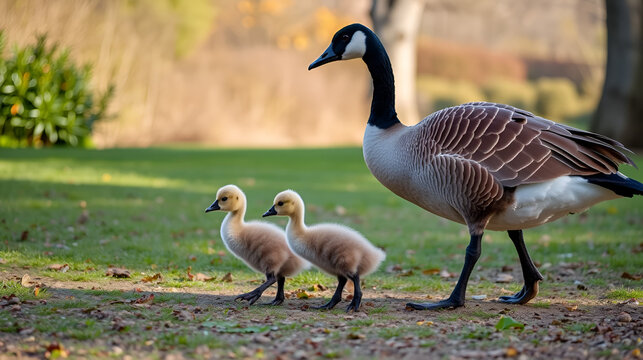 Canadian goose with his goslings walking in the park