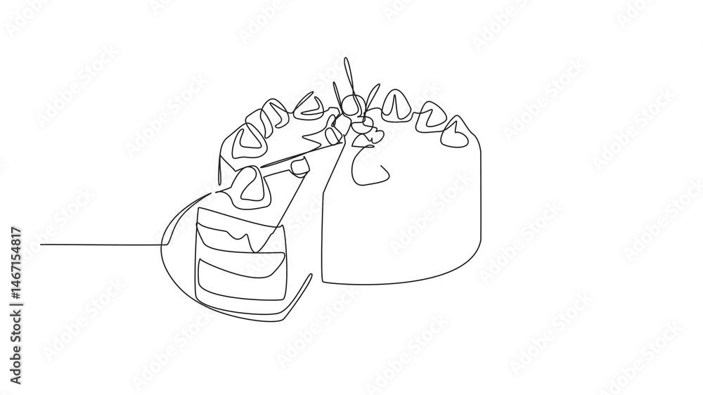 Aufkleber animation of single continuous line drawing round chocolate cake with cream and cherry topping and p