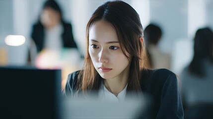 暗いオフィスでノートPCを見つめる女性社員