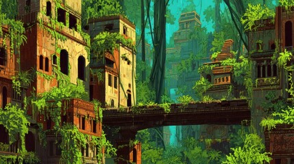 Fototapeta premium Overgrown, ruined city. Lush jungle