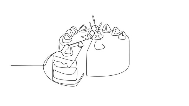 Animation of single continuous line drawing round chocolate cake with cream and cherry topping and pieces of cake. National Chocolate Cake Day. One line self drawing animated. Full length motion
