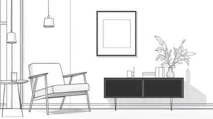 Modern living room sketch armchair, sideboard, artwork
