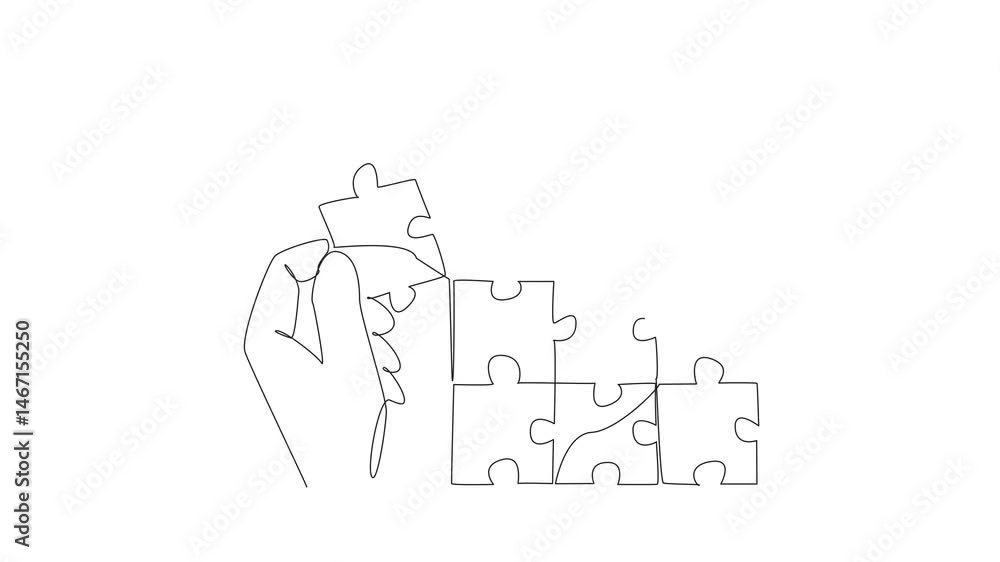 Poster animated self drawing of continuous line drawing hand holding puzzle pieces and beside it is a large