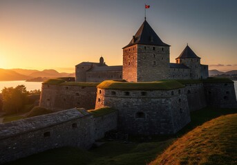 Ch&acirc;teau m&eacute;di&eacute;val coucher soleil lumi&egrave;re dor&eacute;e